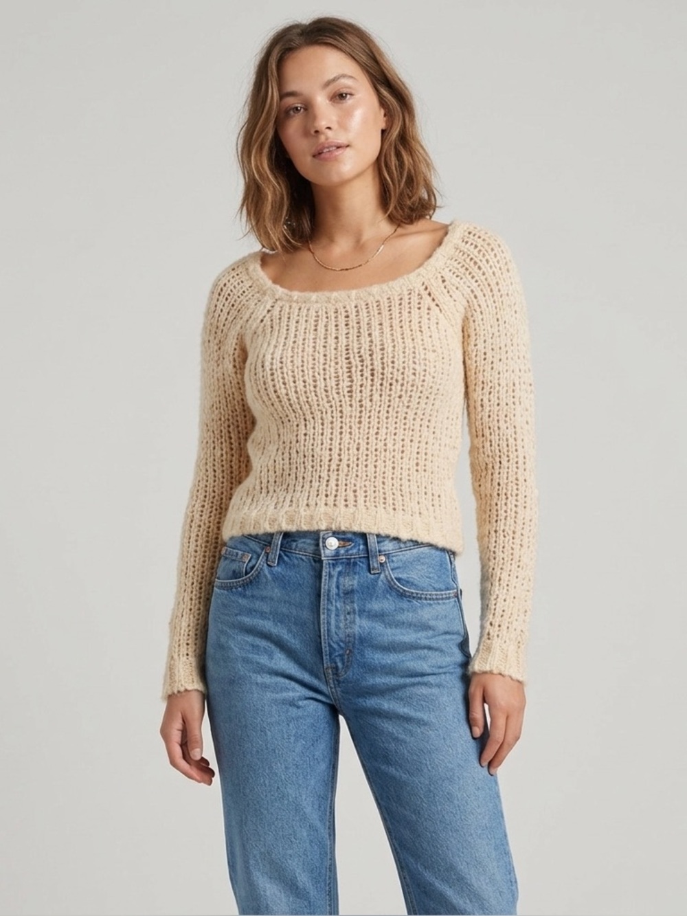 Just Female Creme Open-Knit Sweater Scandinavian Design Aesthetic Chic Size XS